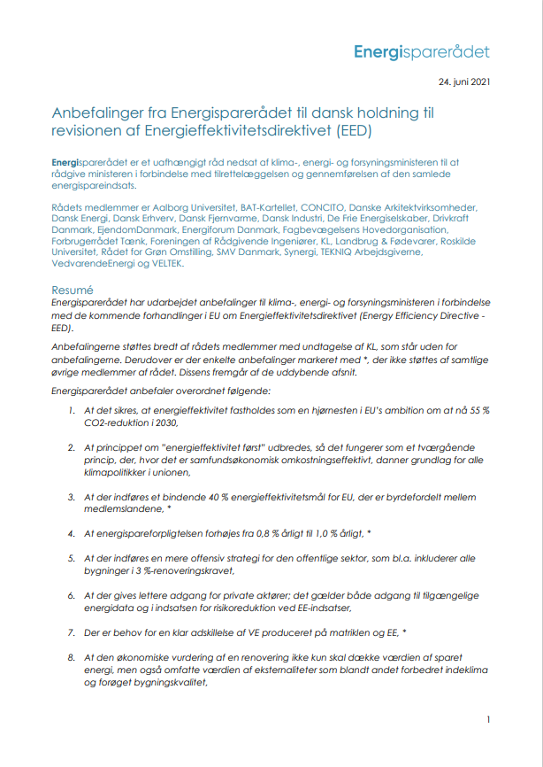 Anbefalinger fra Energisparerådet til dansk holdning til revisionen af Energieffektivitetsdirektivet (EED)