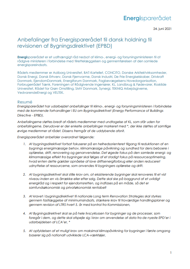 Anbefalinger fra Energisparerådet til dansk holdning til revisionen af Bygningsdirektivet (EPBD)