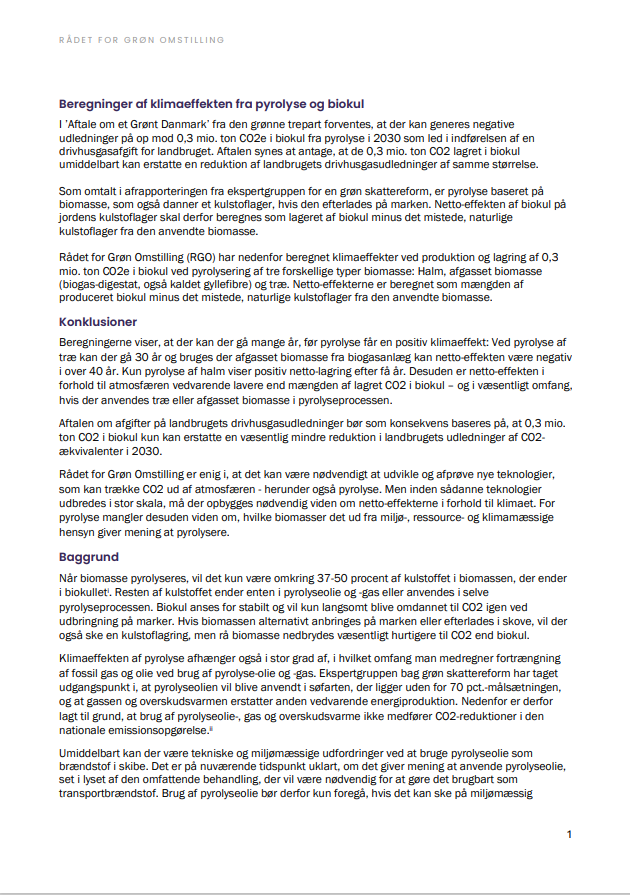 Beregningsnotat af klimaeffekten fra pyrolyse og biokul