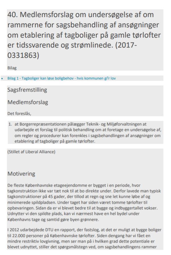 Medlemsforslag om undersøgelse af om rammerne for sagsbehandling af ansøgninger om etablering af tagboliger på gamle tørlofter er tidssvarende og strømlinede